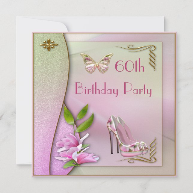 Glamourous Shoes Magnolia & Butterfly 60th Birthda Invitation (Front)
