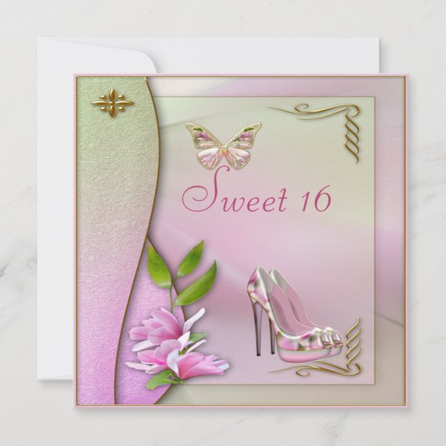 Glamourous Shoes Magnolia & Butterfly Sweet 16 Invitation (Front)