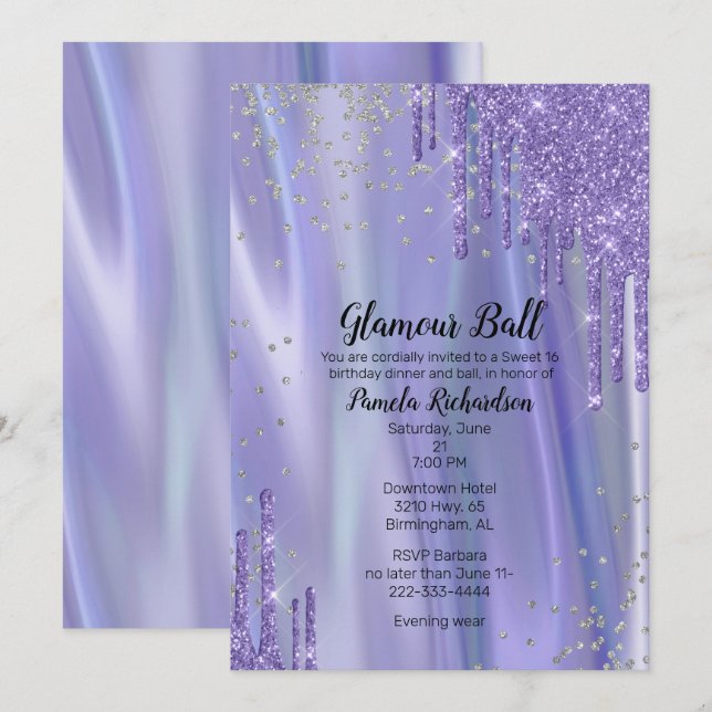 Glamourous Silk and Glitter Look Sweet Sixteen Inv Invitation (Front/Back)