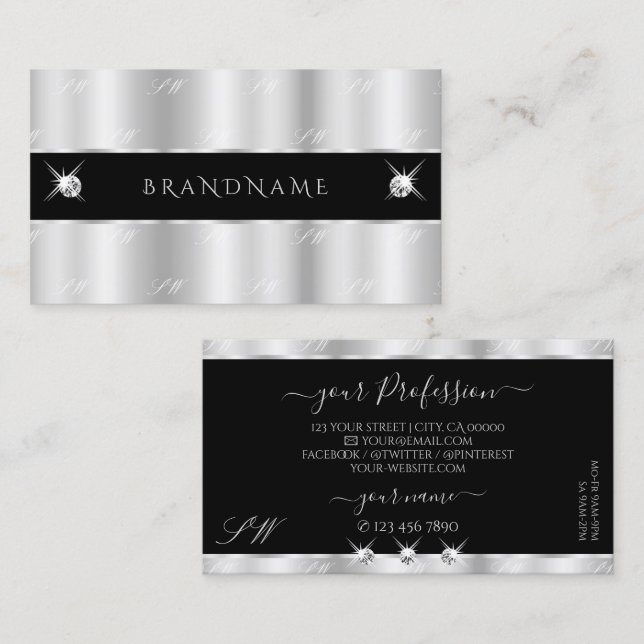 Glamourous Silver Black Sparkling Diamonds Initial Business Card (Front/Back)