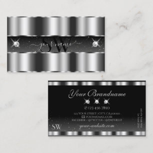 Glamourous Silver Black Sparkling Diamonds Monogra Business Card
