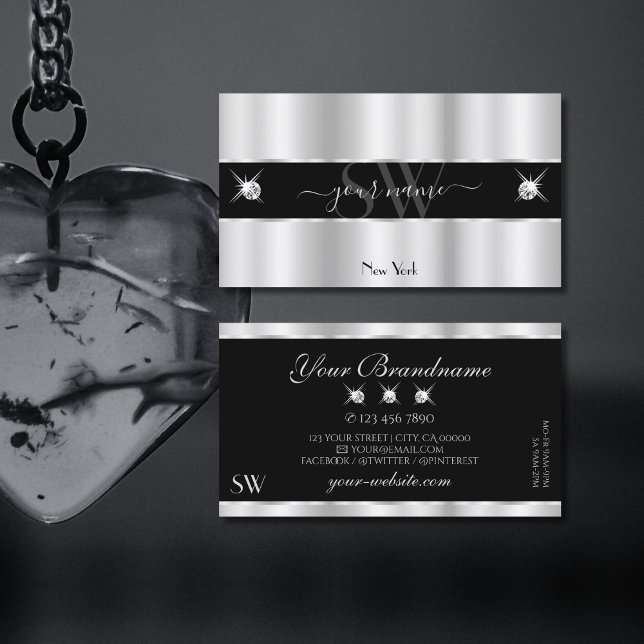 Glamourous Silver Black Sparkling Diamonds Monogra Business Card (Creator Uploaded)