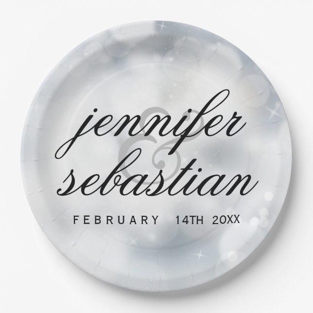 Glamourous Silver Bokeh Light monogram wedding Paper Plate (Front)