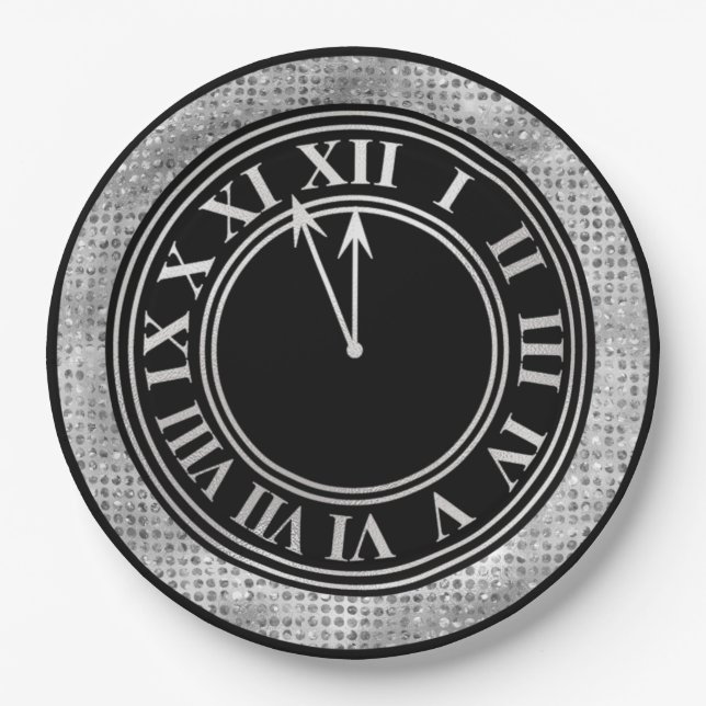 Glamourous Silver Diamonds New Year's Clock Paper Plate (Front)