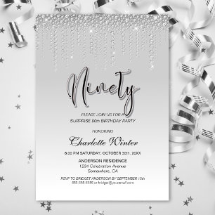 Glamourous Silver Diamonds Surprise 90th Birthday Invitation
