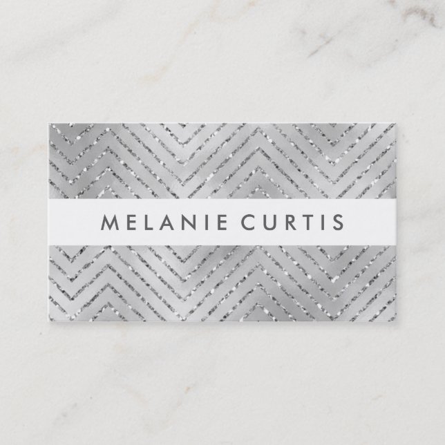 Glamourous Silver Glitter Chevron Business Business Card (Front)