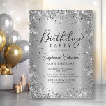 Glamourous Silver Glitter Metal Foil 60th Birthday Invitation<br><div class="desc">Modern elegant Silver Glitter and Metallic Foil 60th birthday party invitations. This adult girly card design features stylish handwritten calligraphy script,  sparkling faux silver glam glitter frame around on silver grey faux brushed metallic foil look background. Easy to personalise,  perfect for any age.</div>