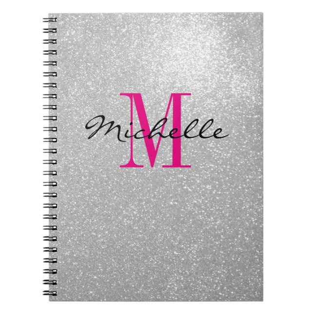 Glamourous silver glitter monogram spiral notebook (Front)