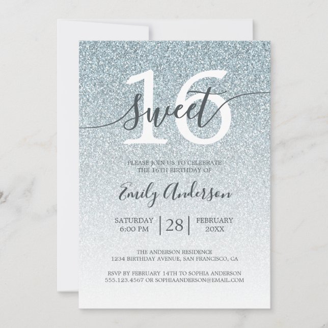 Glamourous Silver Glitter Ombre Sweet 16 Birthday Invitation (Front)