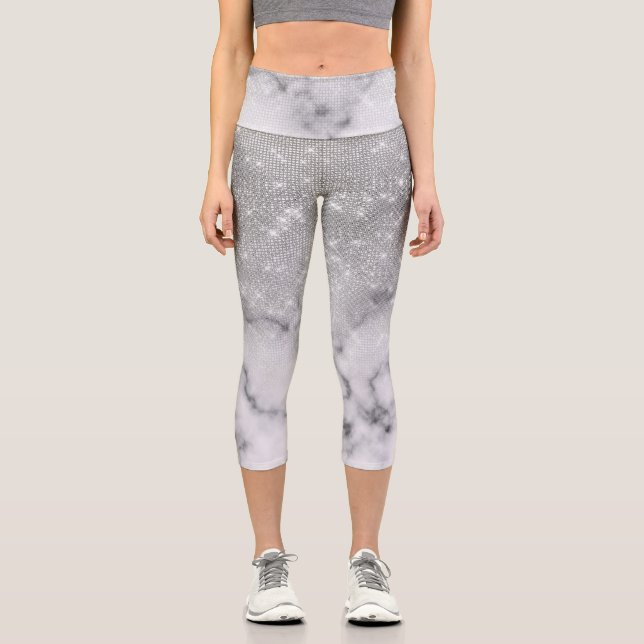 Glamourous Silver Glitter White Marble Ombre Capri Leggings (Front)