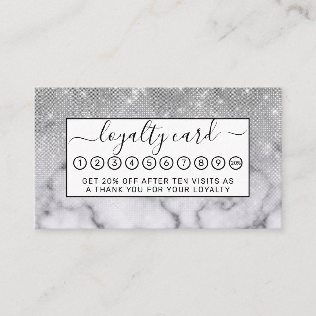 Glamourous Silver Glitter White Marble Ombre Loyalty Card (Front)