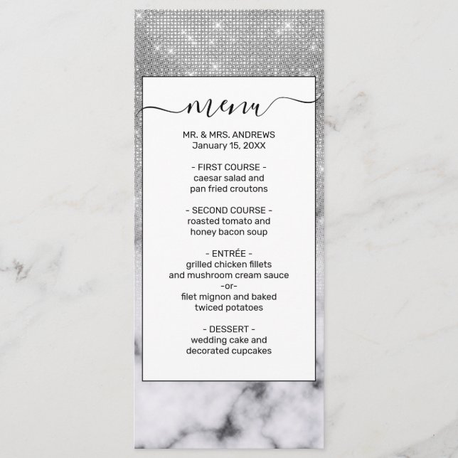 Glamourous Silver Glitter White Marble Ombre Menu (Front)