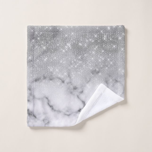 Glamourous Silver Glitter White Marble Ombre Wash Cloth (Wash Cloth)