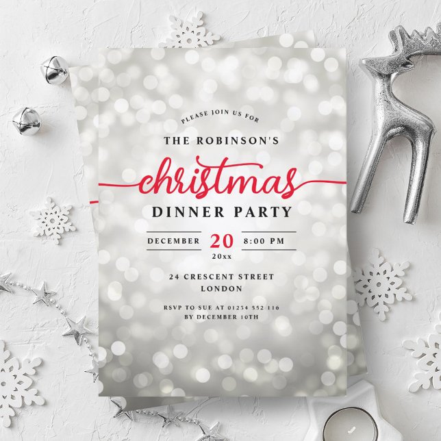 Glamourous Silver Lights Christmas Dinner Party  Invitation (Glamorous Silver Lights Christmas Dinner Party Invitation)