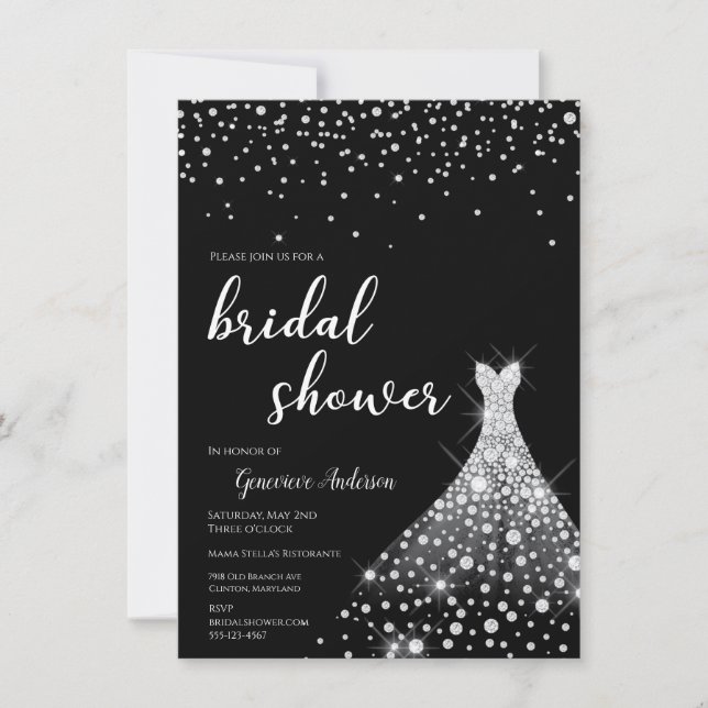 Glamourous Silver on Black Bridal Shower  Invitation (Front)