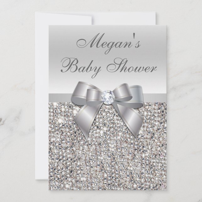 Glamourous Silver Sequins Bow Baby Shower Invitation (Front)