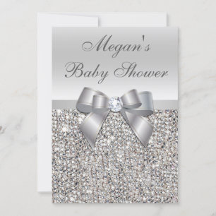 Glamourous Silver Sequins Bow Baby Shower Invitation