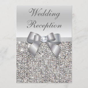 Glamourous Silver Sequins Bow Wedding Reception Invitation