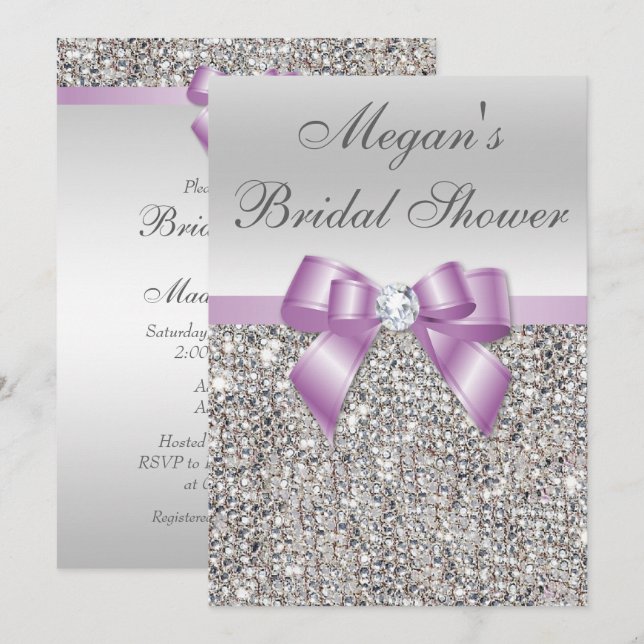 Glamourous Silver Sequins Lilac Bow Bridal Shower Invitation (Front/Back)