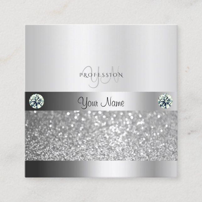 Glamourous Silver Shimmery Glitter with Monogram Square Business Card (Front)