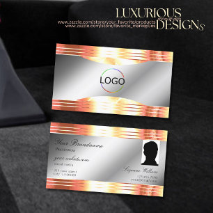Glamourous Silver Shimmery Rose Gold Logo and Phot Business Card