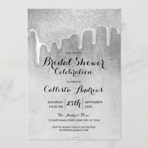 Glamourous Silver Thick Glitter Drips Bridal Showe Invitation