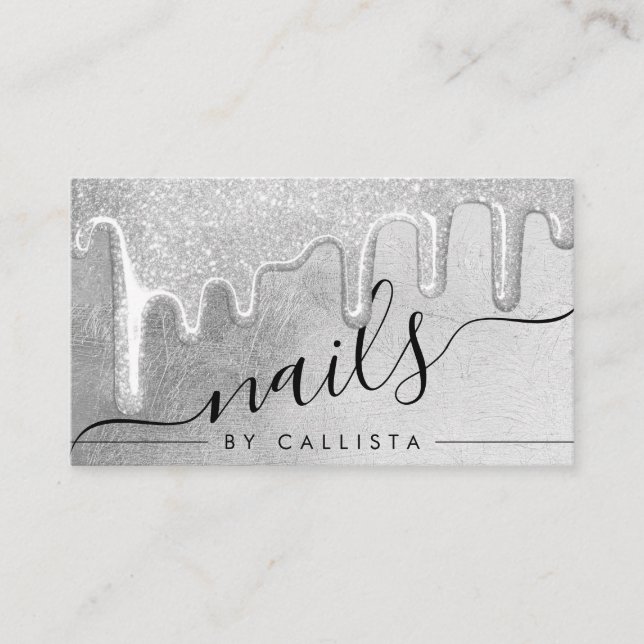 Glamourous Silver Thick Glitter Drips Nails Business Card (Front)