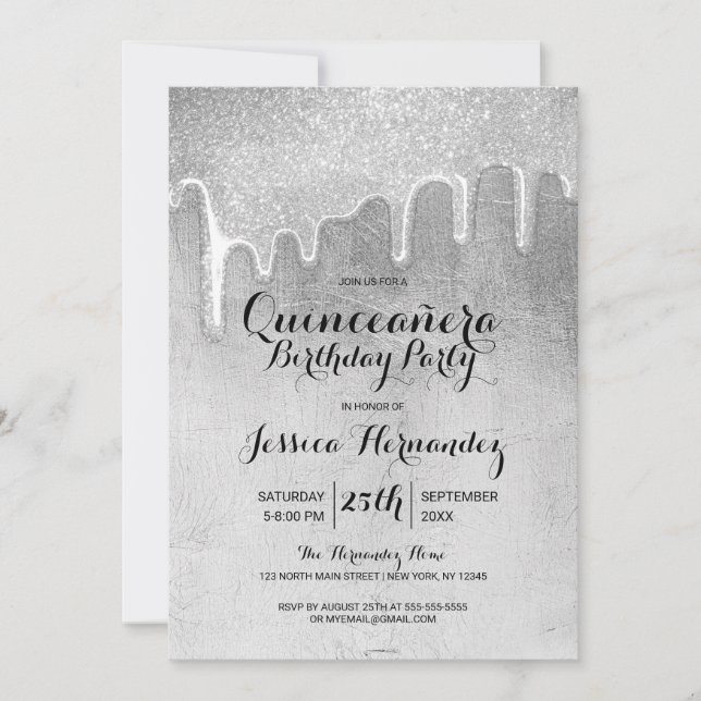 Glamourous Silver Thick Glitter Drips Quinceañera Invitation (Front)