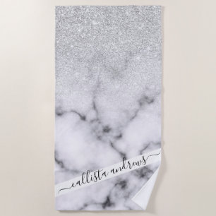 Glamourous Silver White Glitter Marble Gradient Beach Towel