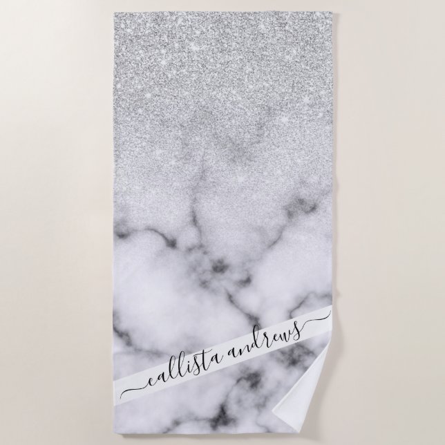 Glamourous Silver White Glitter Marble Gradient Beach Towel (Front)