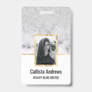 Glamourous Silver White Glitter Marble Gradient ID Badge