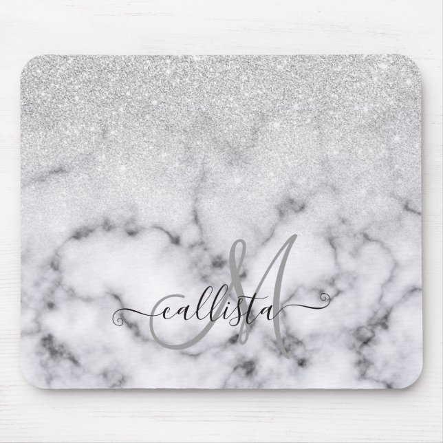 Glamourous Silver White Glitter Marble Gradient Mouse Mat (Front)