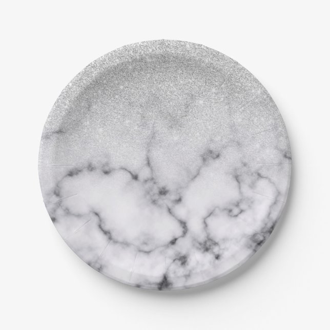 Glamourous Silver White Glitter Marble Gradient Paper Plate (Front)