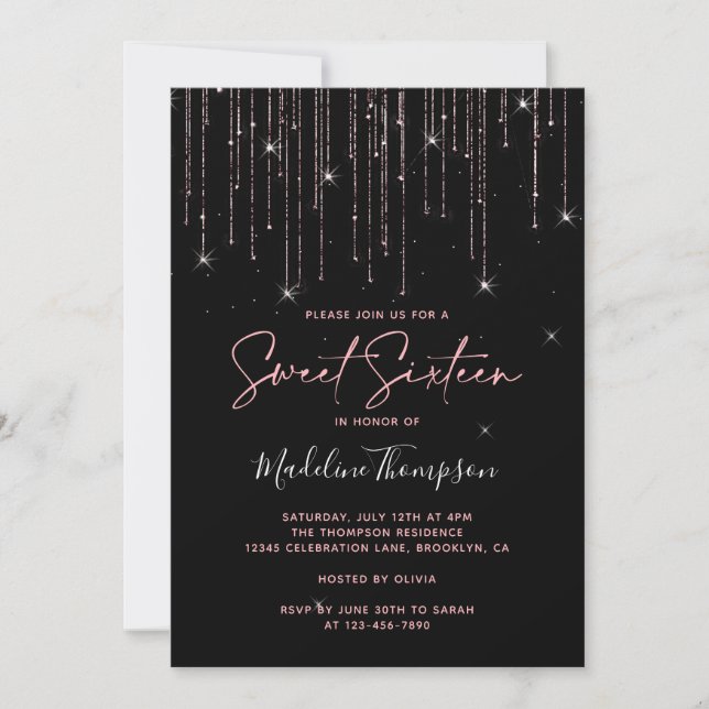 Glamourous Sparkling Rose Gold Black Sweet Sixteen Invitation (Front)