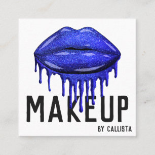 Glamourous Sparkly Blue Glitter Drips Lips Makeup Square Business Card