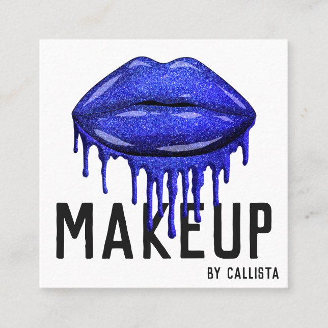 Glamourous Sparkly Blue Glitter Drips Lips Makeup Square Business Card (Front)