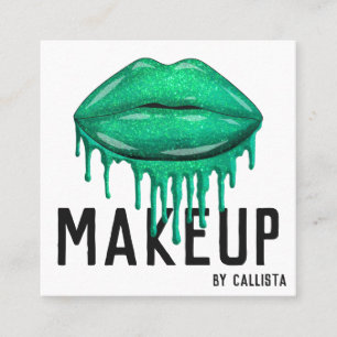 Glamourous Sparkly Green Glitter Drips Lips Makeup Square Business Card