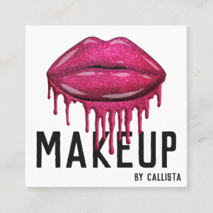 Glamourous Sparkly Pink Glitter Drips Lips Makeup Square Business Card
