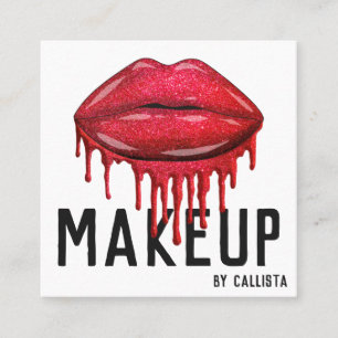 Glamourous Sparkly Red Glitter Drips Lips Makeup Square Business Card