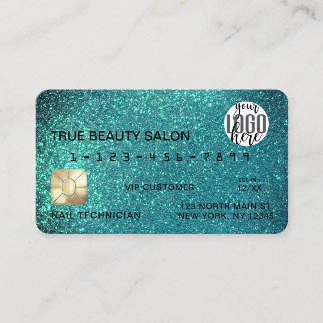 Glamourous Sparkly Teal Glitter Credit Card Logo (Front)