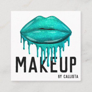Glamourous Sparkly Teal Glitter Drips Lips Makeup Square Business Card