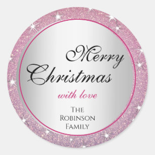 Glamourous Stars Pink Gradient Glitter Effect X-Ma Classic Round Sticker