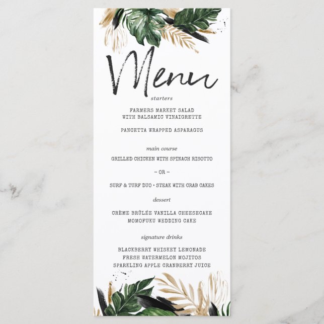 Glamourous Summer Greenery Tropical Wedding Menu (Front)