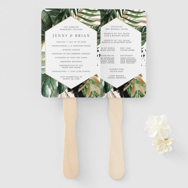 Glamourous Summer Greenery Wedding Program Hand Hand Fan (Front and Back)