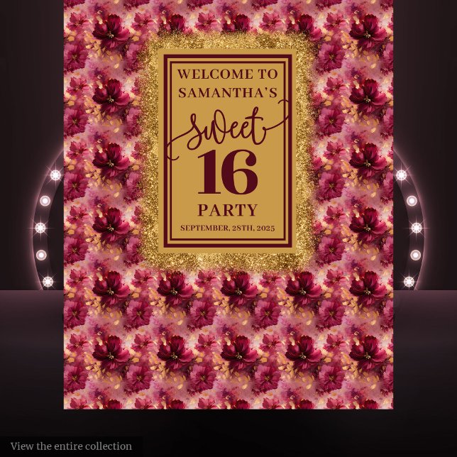 Glamourous Sweet 16 Blush Burgundy Gold Banner Tapestry (Glamorous Sweet 16 Blush Burgundy Gold Banner)