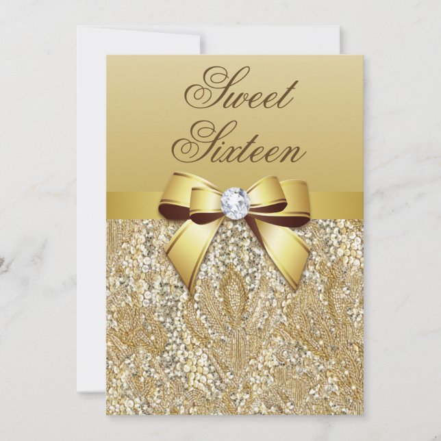 Glamourous Sweet 16 Faux Gold Sequins and Bow Invitation (Front)