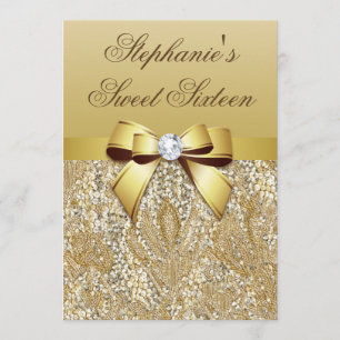 Glamourous Sweet 16 Faux Gold Sequins and Bow Invitation