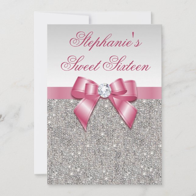 Glamourous Sweet 16 Faux Silver Sequins Pink Bow Invitation (Front)