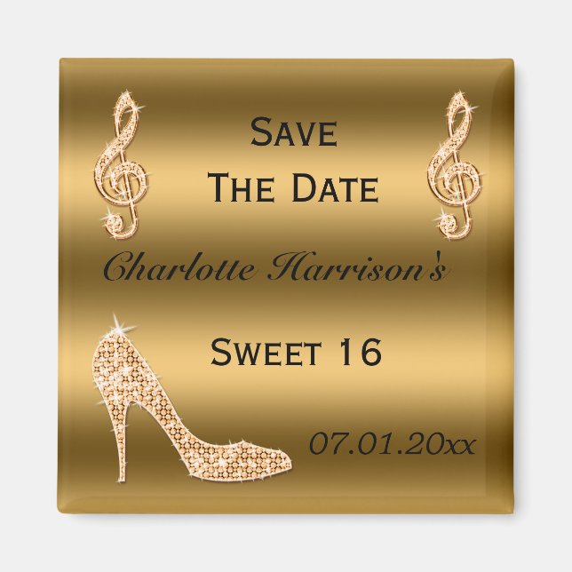 Glamourous Sweet 16 Save The Date Gold Stiletto Magnet (Front)