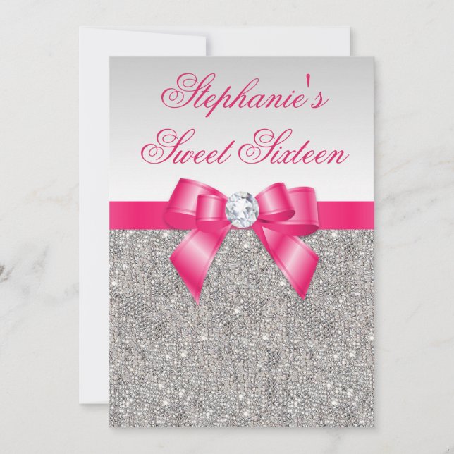 Glamourous Sweet 16 Silver Sequins Hot Pink Bow Invitation (Front)